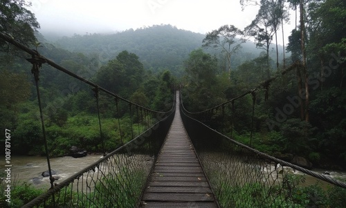 Suspension bridge stretches into the mist over a lush forest in early morning...
