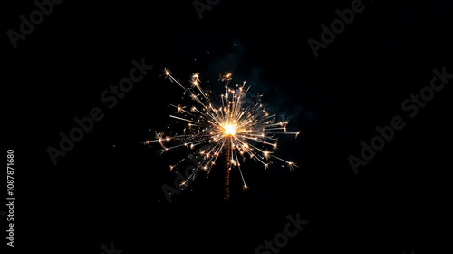 Sparkler igniting with bright golden sparks against a black background. Festive photography for celebrations and holiday designs.