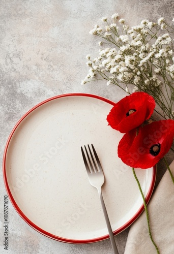 Red poppy flowers on a white plate with fork and napkin on a textured gray su...