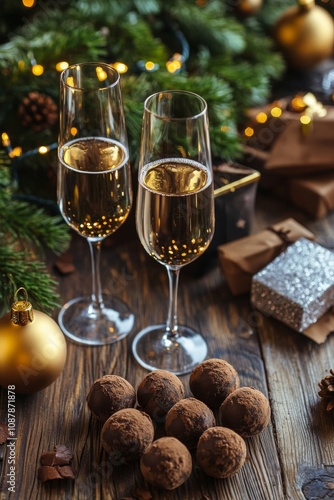 Festive celebration with champagne glasses and chocolate truffles during holi...