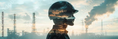 Silhouette of a worker with a helmet against an industrial landscape at sunset