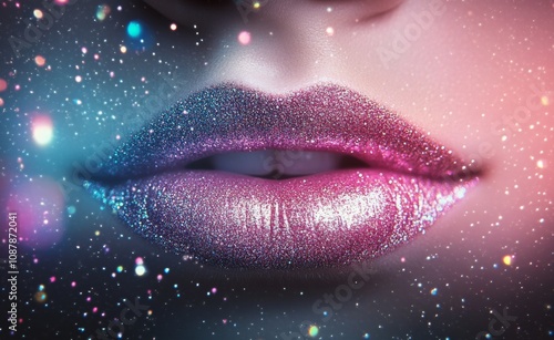 Close up of sparkling lips with shimmering glitter under colorful lights at a...