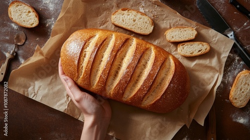 Freshly baked bread loaf with sliced pieces on a wooden surface