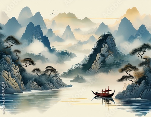 chinese ink painting style mountains and rivers in the distance misty clouds floating on top of them a boat sailing between mountain peaks trees growing along river banks photo