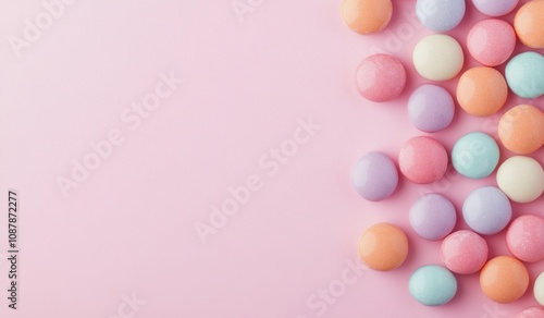 Colorful pastel party decorations scattered on a pink background for festive celebrations