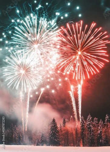 Colorful fireworks illuminate the winter night sky over a snowy landscape dur...