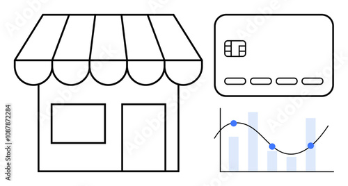 Small shop storefront, credit card, and performance chart. Ideal for small business, finance, analytics, payments, financial management e-commerce and market analysis. Line metaphor