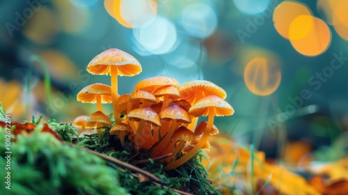 Vibrant hues and blurred shapes of various mushrooms and fungi. photo