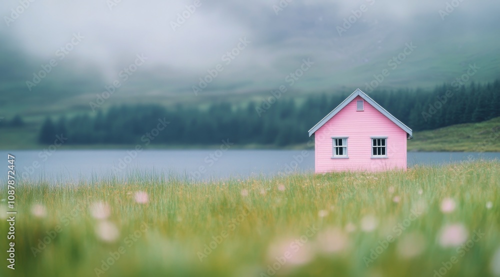 A small pink house surrounded by green grass near a serene lake with mountains in the background A small pink house surrounded by green grass near a serene lake with mountains in the background