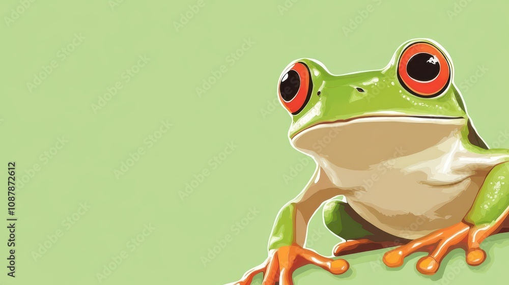 Obraz premium Vibrant frog graphic for world frog day celebration design. Horizontal banner. Copy space. Concept of wildlife protection, animal protection. Studying nature's biodiversity
