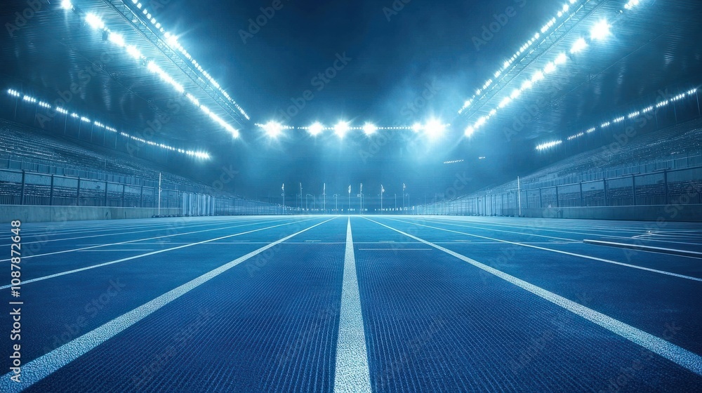 A wide shot of a Paralympic athletics arena, with modern facilities and bright stadium lights, conveying inspiration and determination for a commercial poster A wide shot of a Paralympic athletics arena, with modern facilities and bright stadium lights, conveying inspiration and determination for a commercial poster