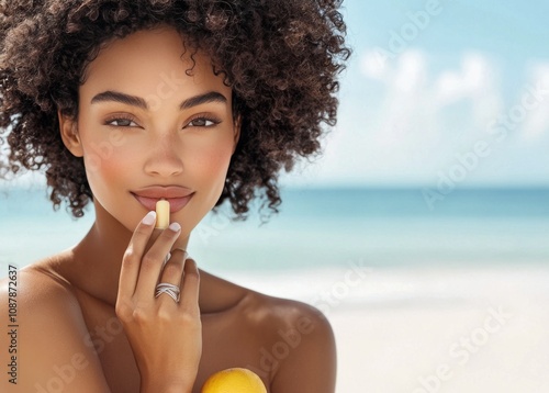 Young woman with curly hair holding lemon at the beach during a sunny day