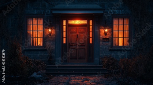 Welcoming front door with warm lighting in cozy suburban home at dusk