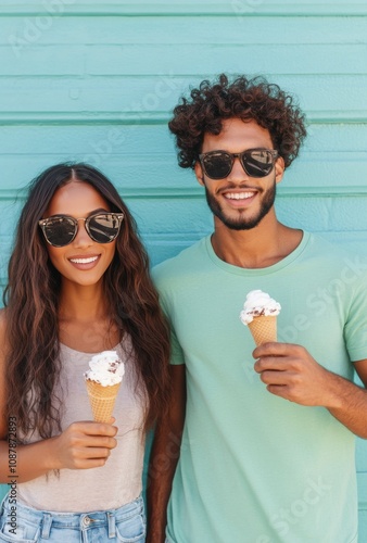 Young couple enjoying ice cream in front of a bright blue wall during a sunny...