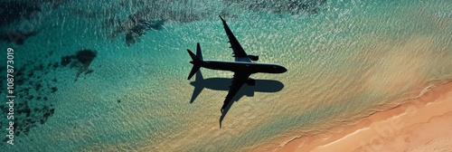 Airplane flying over a serene beach during daylight with clear turquoise wate...