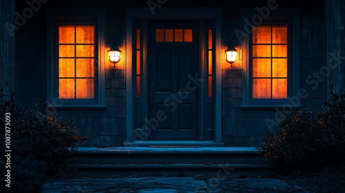Welcoming front door with warm lighting in cozy suburban home at dusk