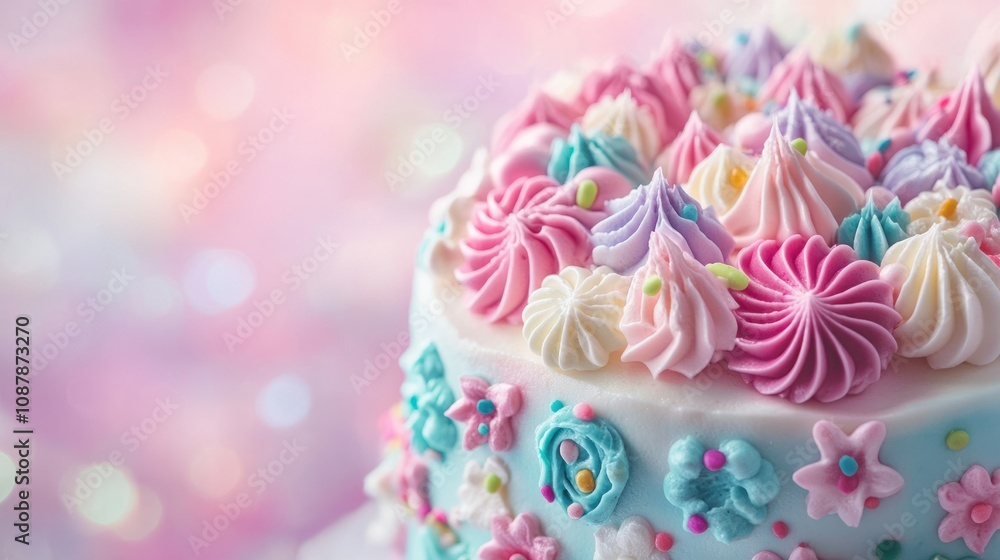 A close-up of a beautifully decorated miniature cake with vibrant frosting and intricate details, set against a soft pastel background for a sweet commercial poster A close-up of a beautifully decorated miniature cake with vibrant frosting and intricate details, set against a soft pastel background for a sweet commercial poster