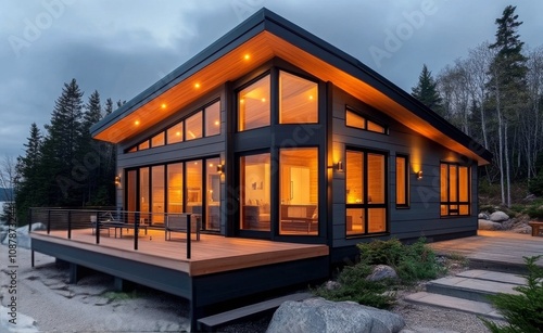 Modern coastal home with expansive glass windows by the serene ocean at twilight