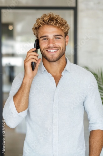 Young man smiling while talking on a smartphone in a modern office setting du...