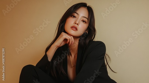 Young woman in a black suit poses thoughtfully against a neutral background i...