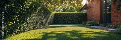 A serene garden with lush green grass and well trimmed hedges in the afternoo...
