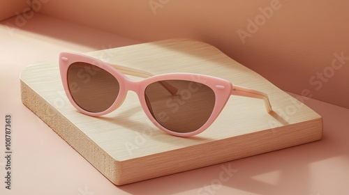 Stylish pink sunglasses resting on wooden blocks with a soft pink background