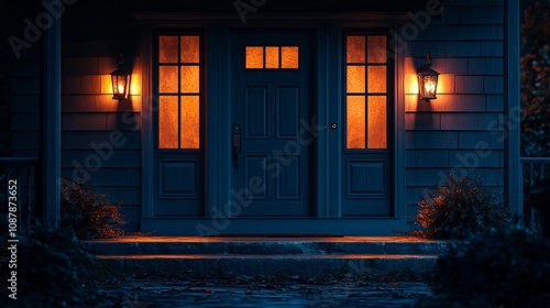 Welcoming front door with warm lighting in cozy suburban home at dusk