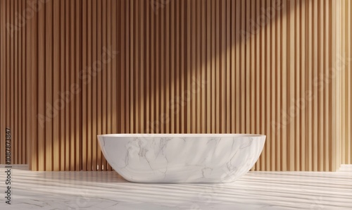 Bathroom interior with white marble bathtub, wooden slats