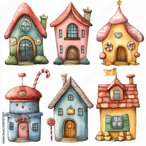 Colorful gingerbread houses decorated with candy canes and snow near evergree...