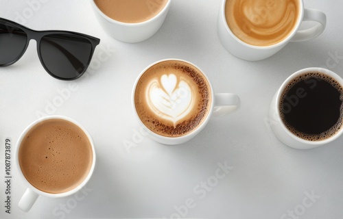 A variety of coffee drinks displayed with sunglasses on a white background in...