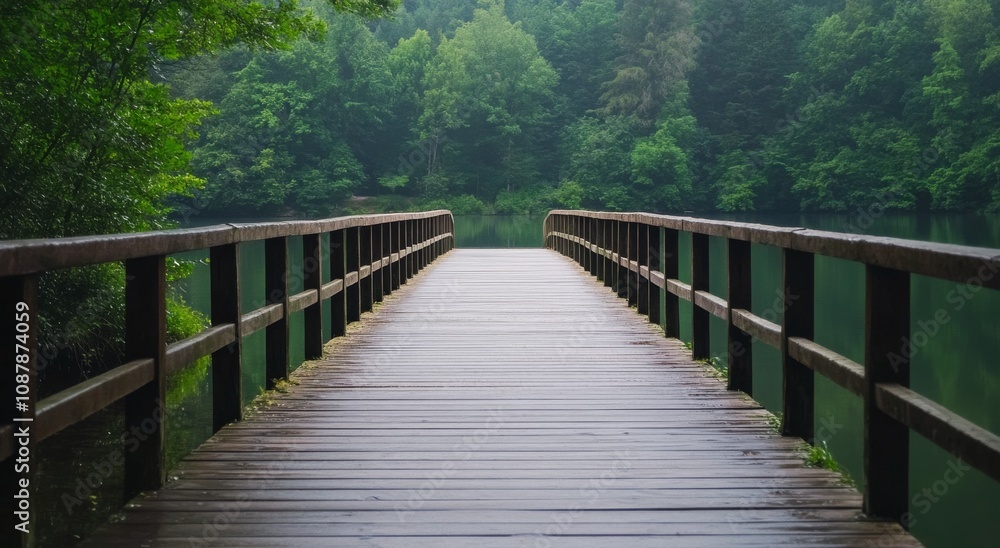 Wooden bridge extending over calm water surrounded by lush trees on a misty day Wooden bridge extending over calm water surrounded by lush trees on a misty day
