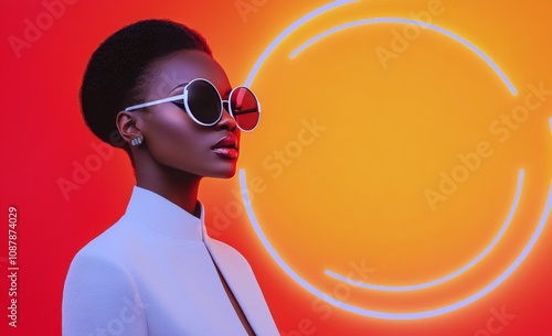 Stylish model wearing sunglasses poses against a bright pink background durin...