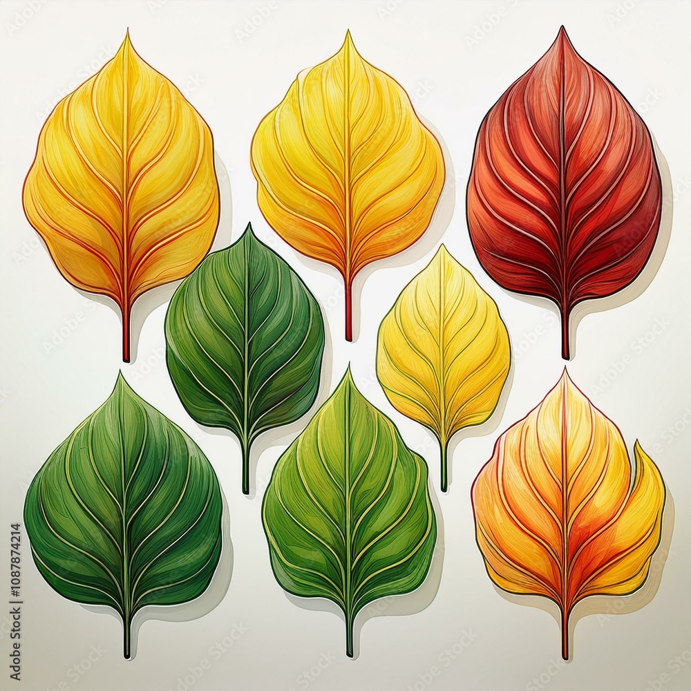 Fototapeta premium collection Philodrain leaves,yellow ,red, green color, long or short,separate each leaf,white background,clip art