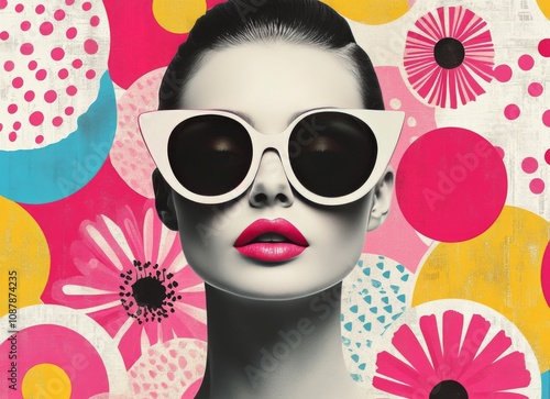 Elegant woman in sunglasses against colorful floral background with bold make...