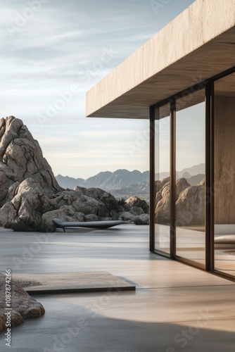 Modern architecture blends with nature in a serene desert setting during gold...