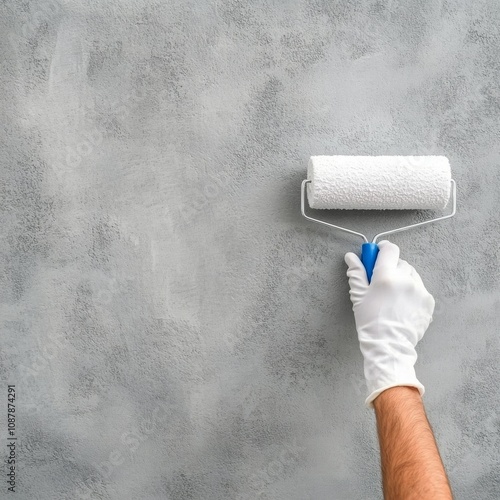 Hand applying gray paint to wall using a roller in a home renovation project