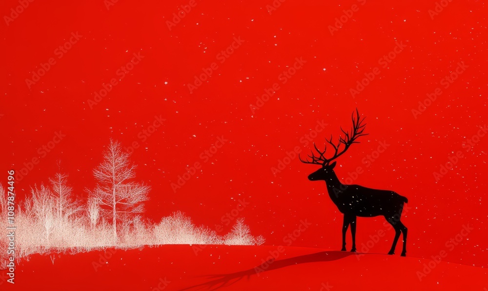 Black reindeer silhouette against a red snowy landscape Black reindeer silhouette against a red snowy landscape