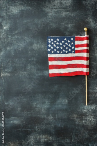 American flag with frayed edges draped against a dark textured background
