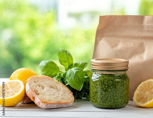 Freshly made pesto in a jar with bread slices and ingredients on a wooden tab...