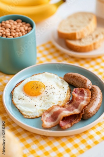 A hearty breakfast plate with fried egg, bacon, and sausage served on a color...