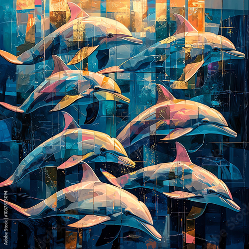 Cubism-Style Digital Art of Dolphins Swimming in Dreamlike Seapunk Aesthetic photo