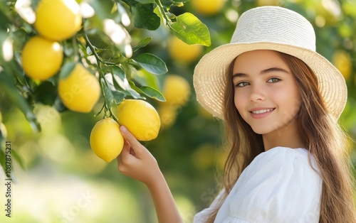 Young woman smiling while picking fresh lemons in a sunny orchard during summ...