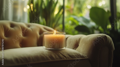 Cozy afternoon ambiance with a lit candle on a soft chair in a relaxing green...