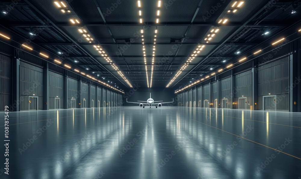 A large, modern aircraft hangar with overhead lighting and a single airplane parked inside. The space is expansive, clean, and well-lit, with reflective flooring A large, modern aircraft hangar with overhead lighting and a single airplane parked inside. The space is expansive, clean, and well-lit, with reflective flooring