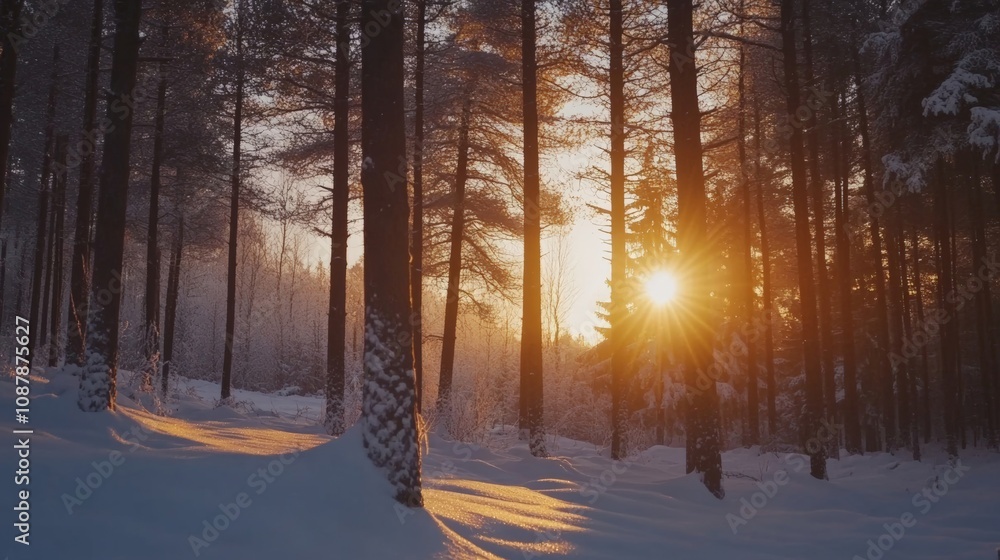 Serene Winter Forest at Sunrise with Golden Rays Through Tall Trees Serene Winter Forest at Sunrise with Golden Rays Through Tall Trees