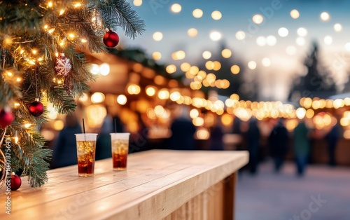 Two drinks on a wooden table at a festive market with Christmas lights in the...