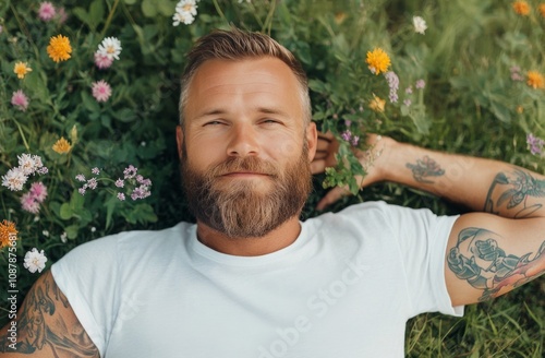 Man relaxing in flower field with a beard, tattoos, and a peaceful expression...