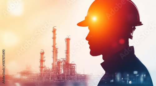 Worker in hard hat silhouette against industrial plant at sunset with orange ...