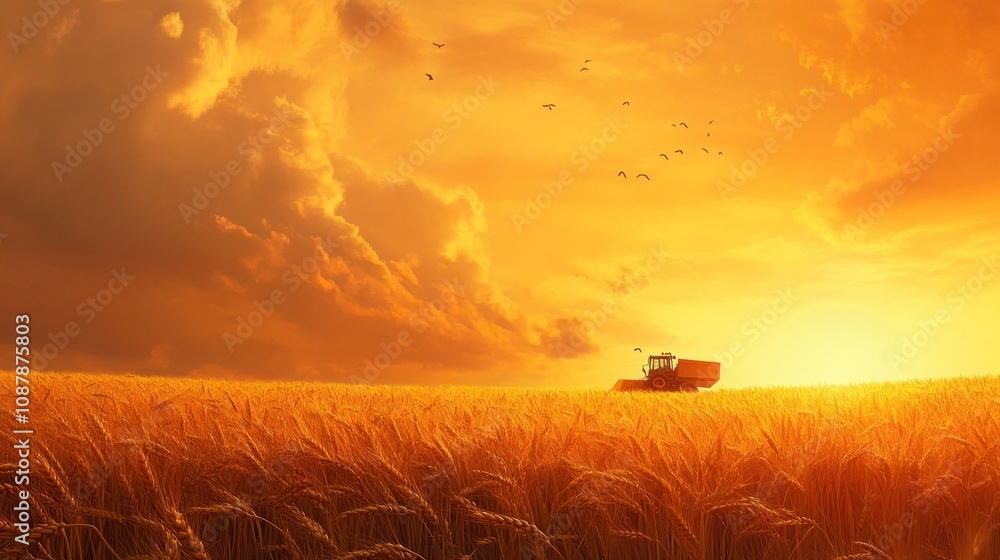 Fototapeta premium Golden Harvest Sunset: A Tractor in a Wheat Field