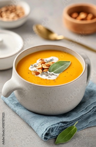 Creamy pumpkin soup garnished with herbs and nuts in a stylish bowl on a ligh...